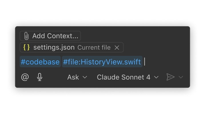 A VS Code chat prompt. The prompt includes codebase and file context by writing #codebase and #file:HistoryView.swift in the message.